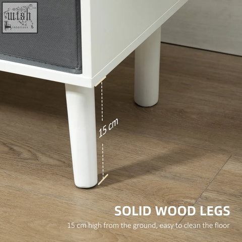 White solid wood cylindrical legs 15 cm high on homcom tv cabinet stand with two shelves and five wooden legs