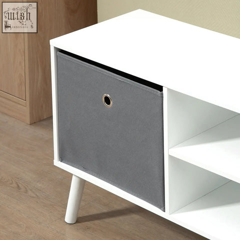 Gray fabric storage drawer with circular metal handle in white homcom tv cabinet stand with five wooden legs and two shelves
