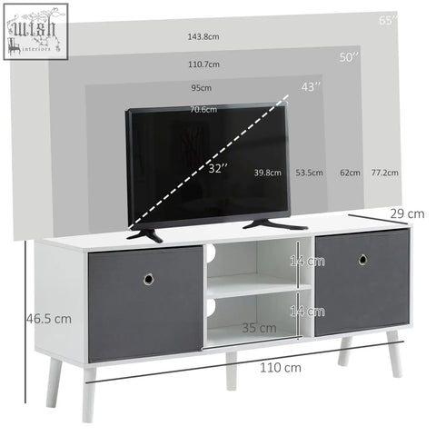 Modern two-tone white and gray homcom tv cabinet with five wooden legs, two shelves, and sliding doors for living room use
