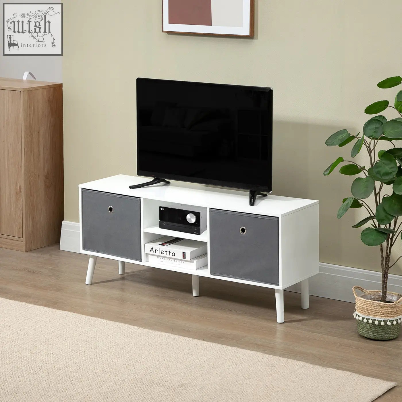 Modern white and gray HOMCOM tv cabinet stand with two shelves, five wooden legs, and foldable drawers for living room use