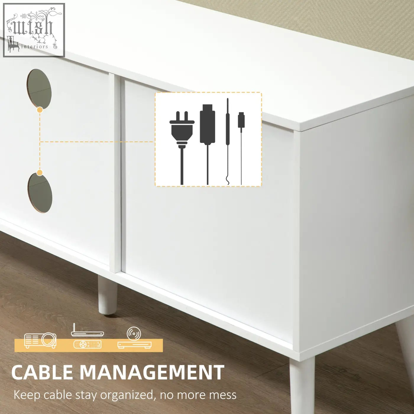 White HOMCOM TV cabinet stand unit with five wooden legs, circular cutouts, and two shelves for cable management