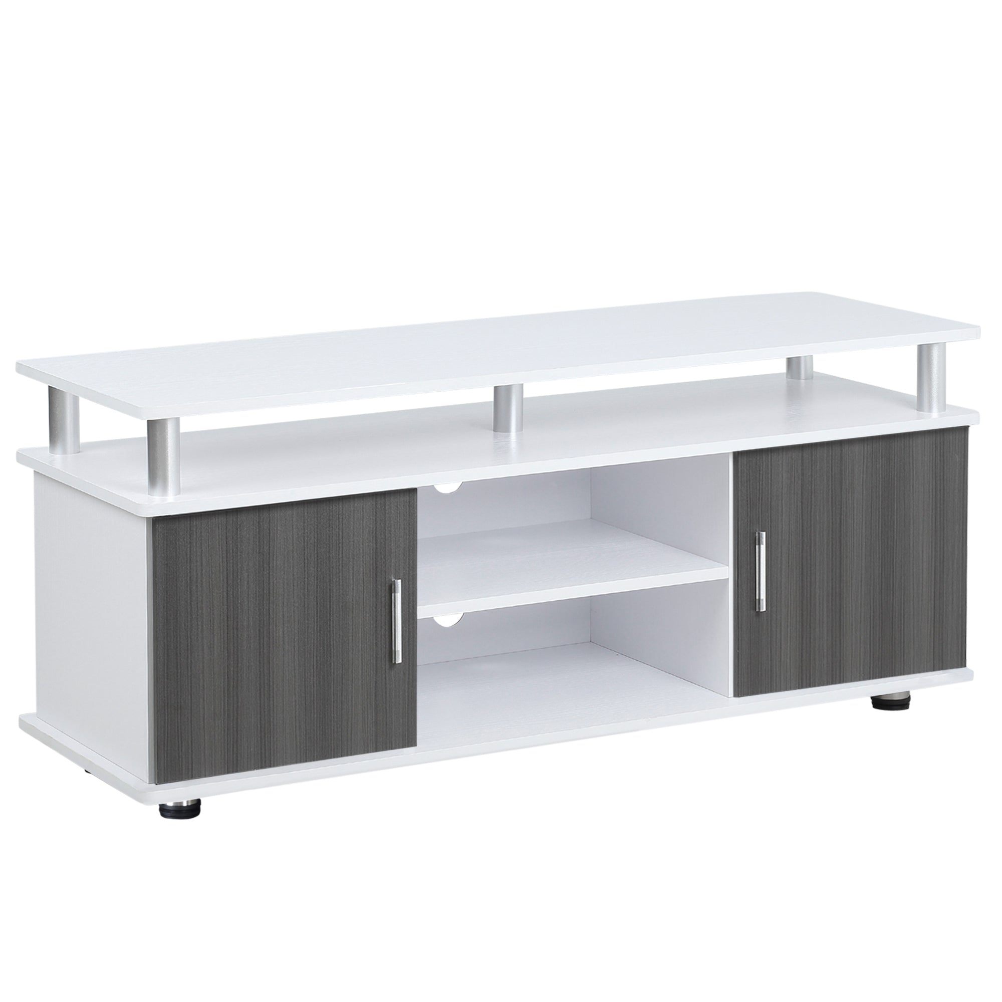 Modern white and gray wood-grain tv stand with silver metal legs perfect for organizing entertainment equipment