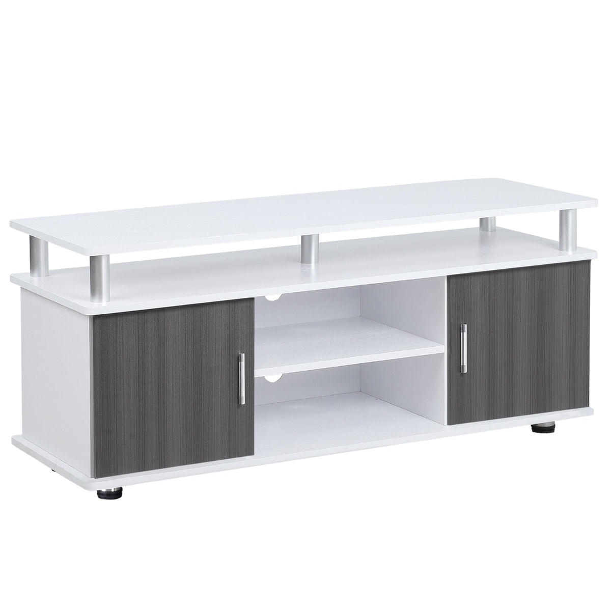 Modern white and gray wood-grain tv stand with silver metal legs perfect for organizing entertainment equipment