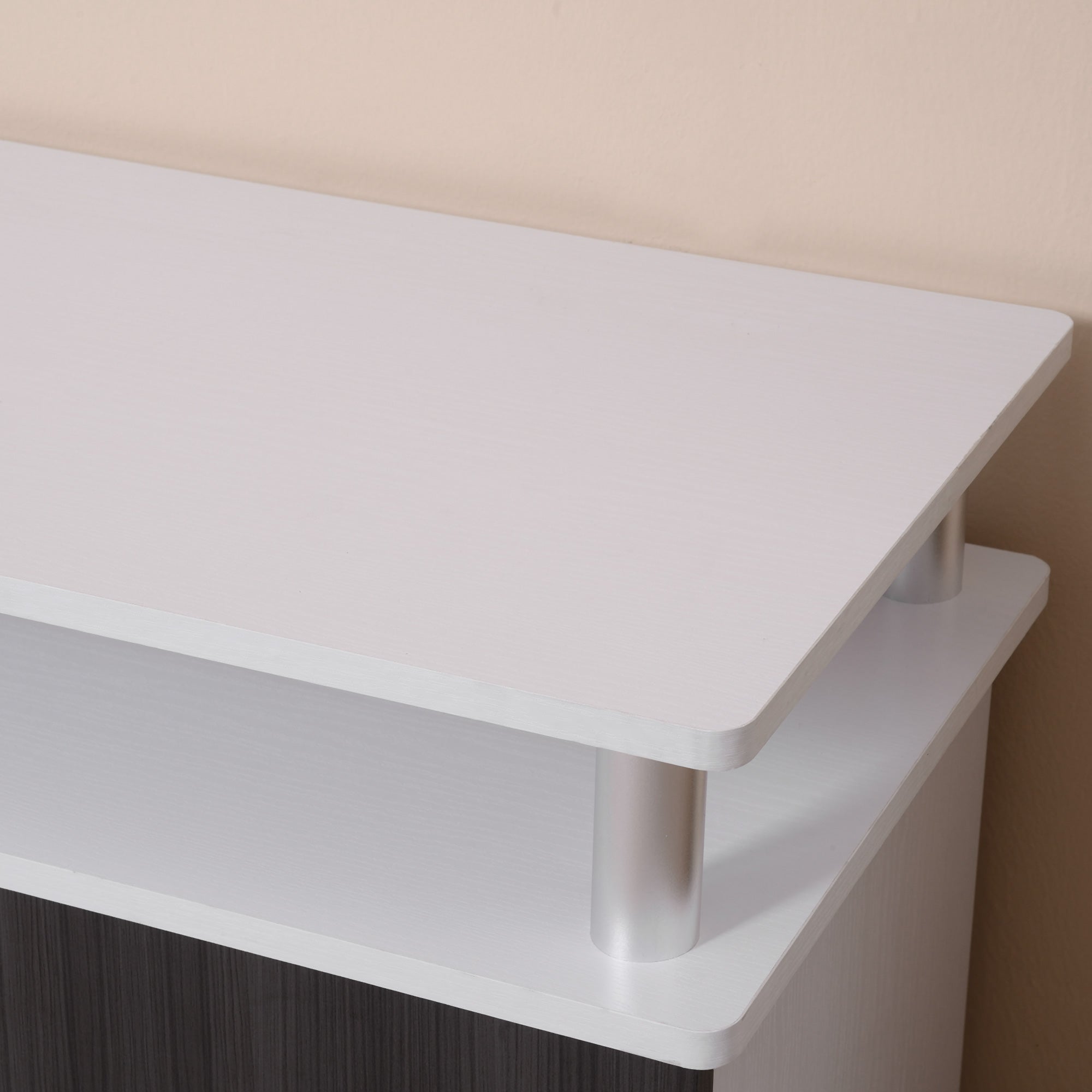 White rectangular shelf with rounded corners and silver supports for homcom tv cabinet storing entertainment equipment