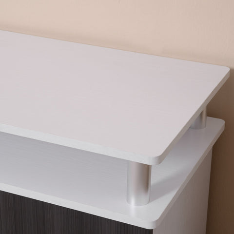 White rectangular shelf with rounded corners and silver supports for homcom tv cabinet storing entertainment equipment