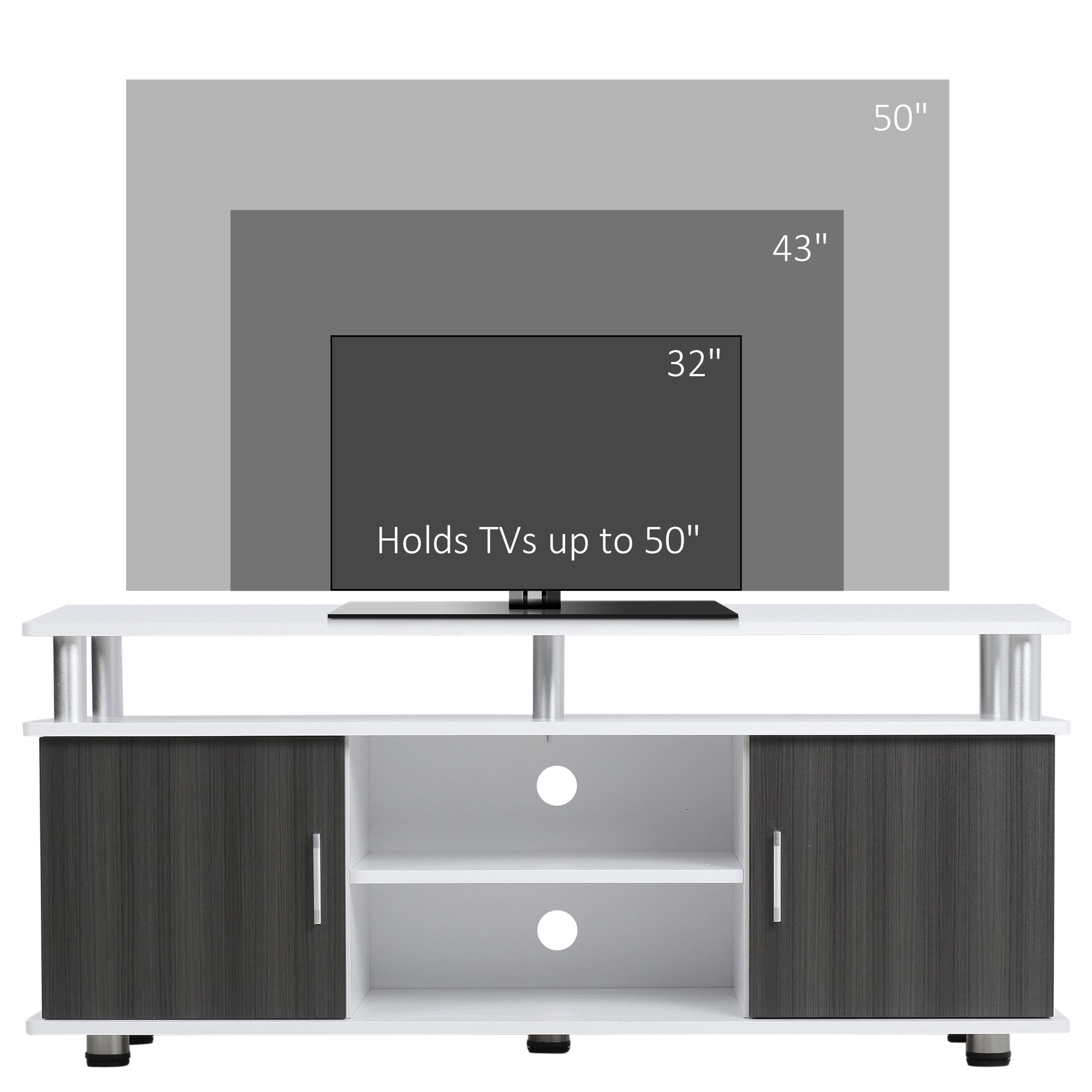 White and dark gray wood grain tv stand with silver metal legs for storing entertainment equipment in living rooms