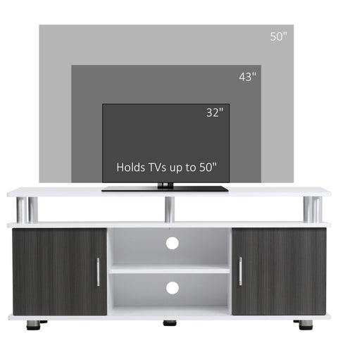 White and dark gray wood grain tv stand with silver metal legs for storing entertainment equipment in living rooms