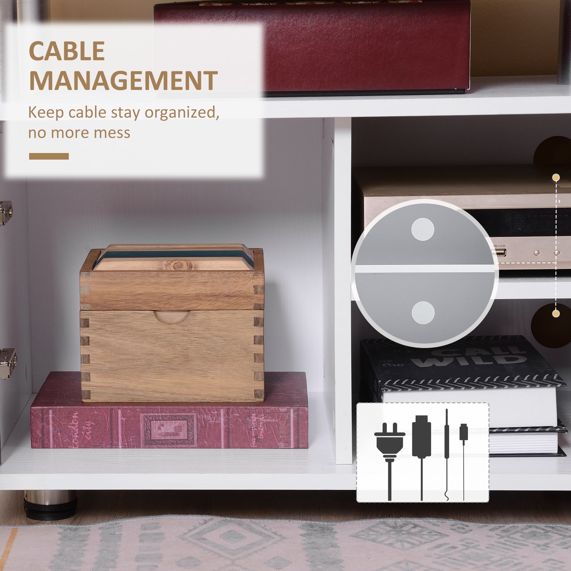 Light brown wooden box with dovetail joints next to homcom grey white tv cabinet for entertainment equipment storage