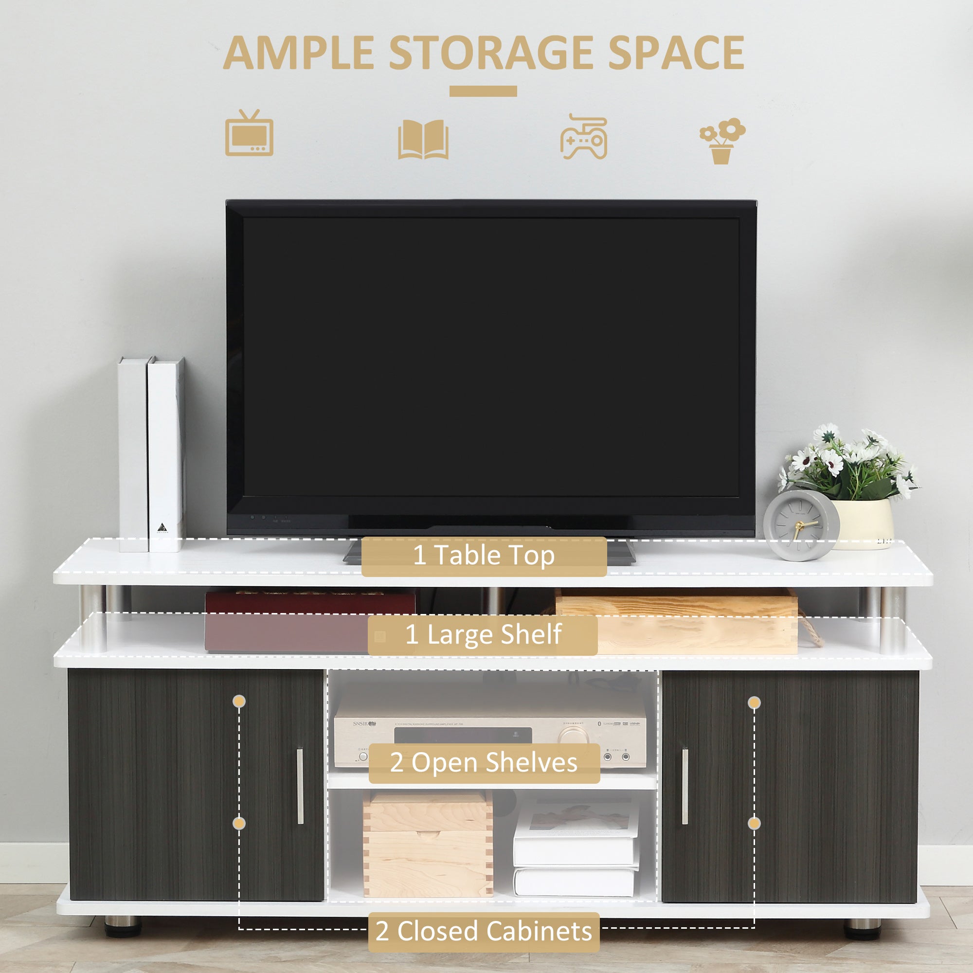 White and dark wood grain homcom tv cabinet with closed cabinets and open shelves for entertainment equipment storage