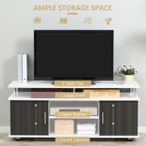 White and dark wood grain homcom tv cabinet with closed cabinets and open shelves for entertainment equipment storage