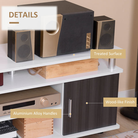 Modern homcom tv cabinet with white top dark wood doors and silver handles for storing entertainment equipment