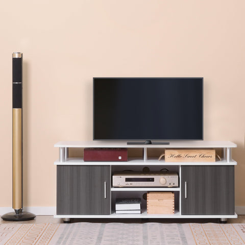 Modern white and gray wood-grain tv stand with sleek silver handles for entertainment equipment storage up to 50 inches