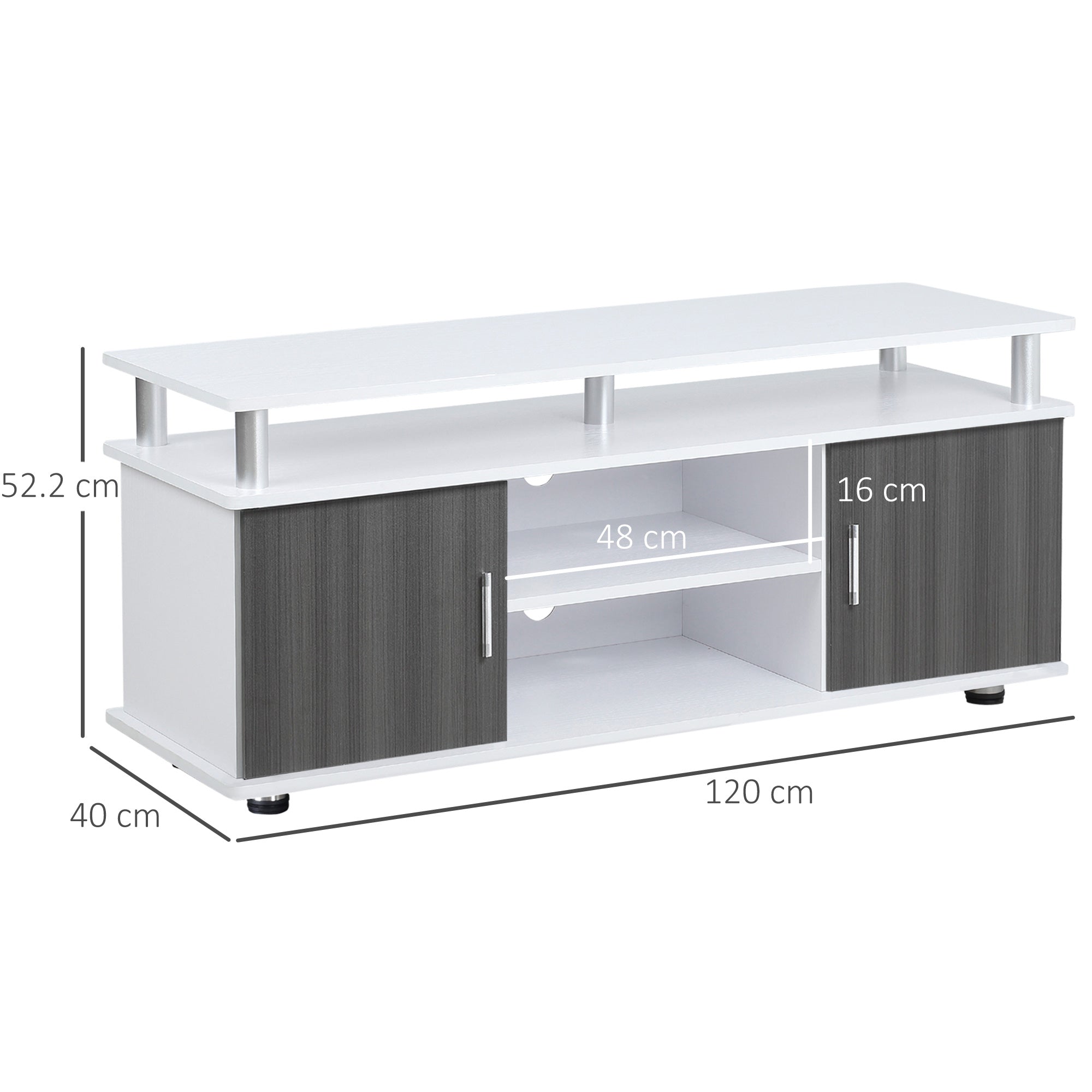 Modern white and gray wood grain tv cabinet with silver legs for entertainment equipment storage up to 50 inch tvs