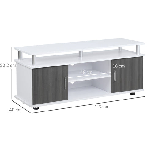 Modern white and gray wood grain tv cabinet with silver legs for entertainment equipment storage up to 50 inch tvs