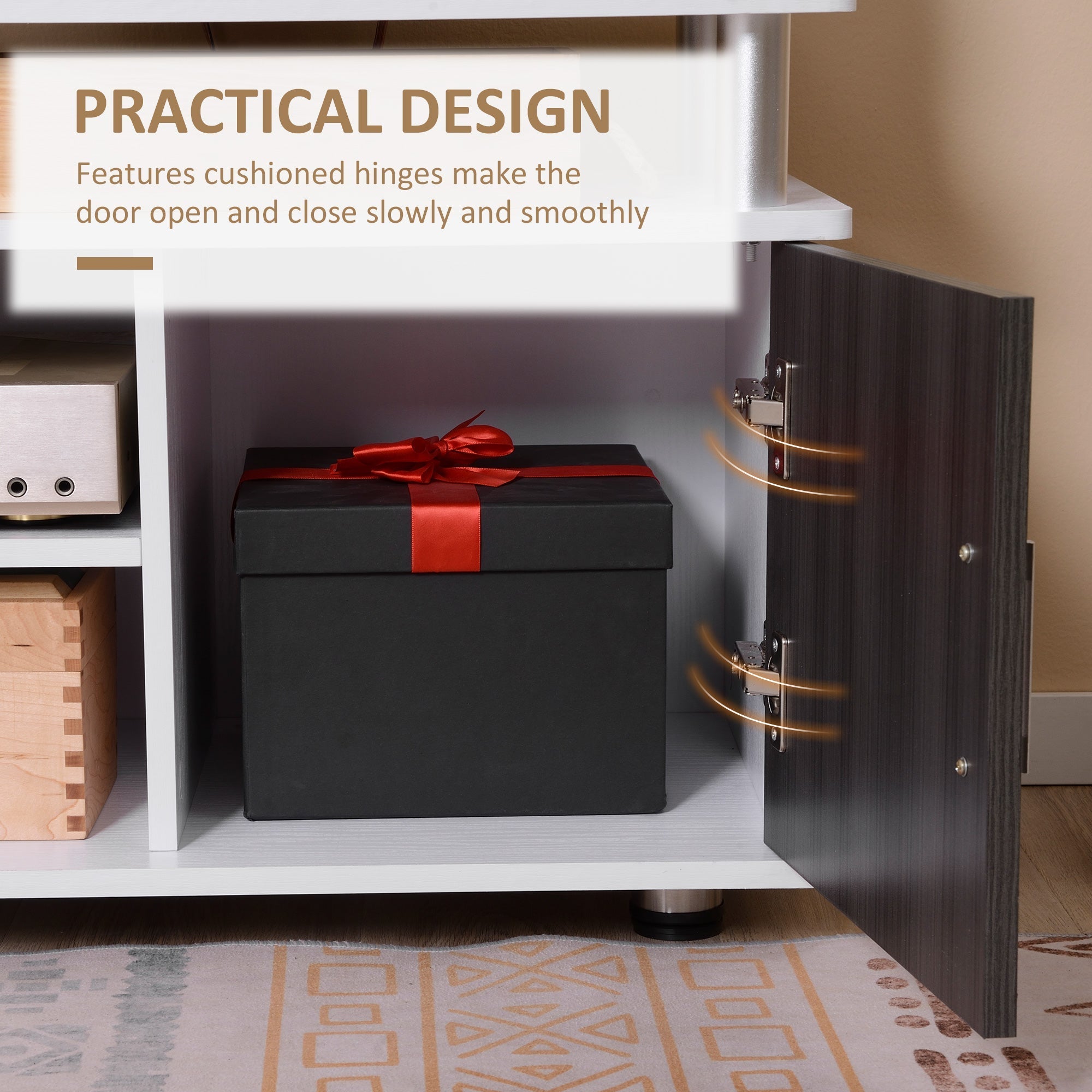 Black gift box with red ribbon inside open grey and white HOMCOM tv cabinet for storing entertainment equipment