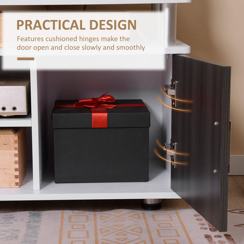 Black gift box with red ribbon inside open grey and white HOMCOM tv cabinet for storing entertainment equipment