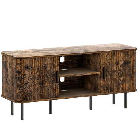 Rustic brown wooden tv stand with vertical slat doors and black metal legs offering storage space for living room