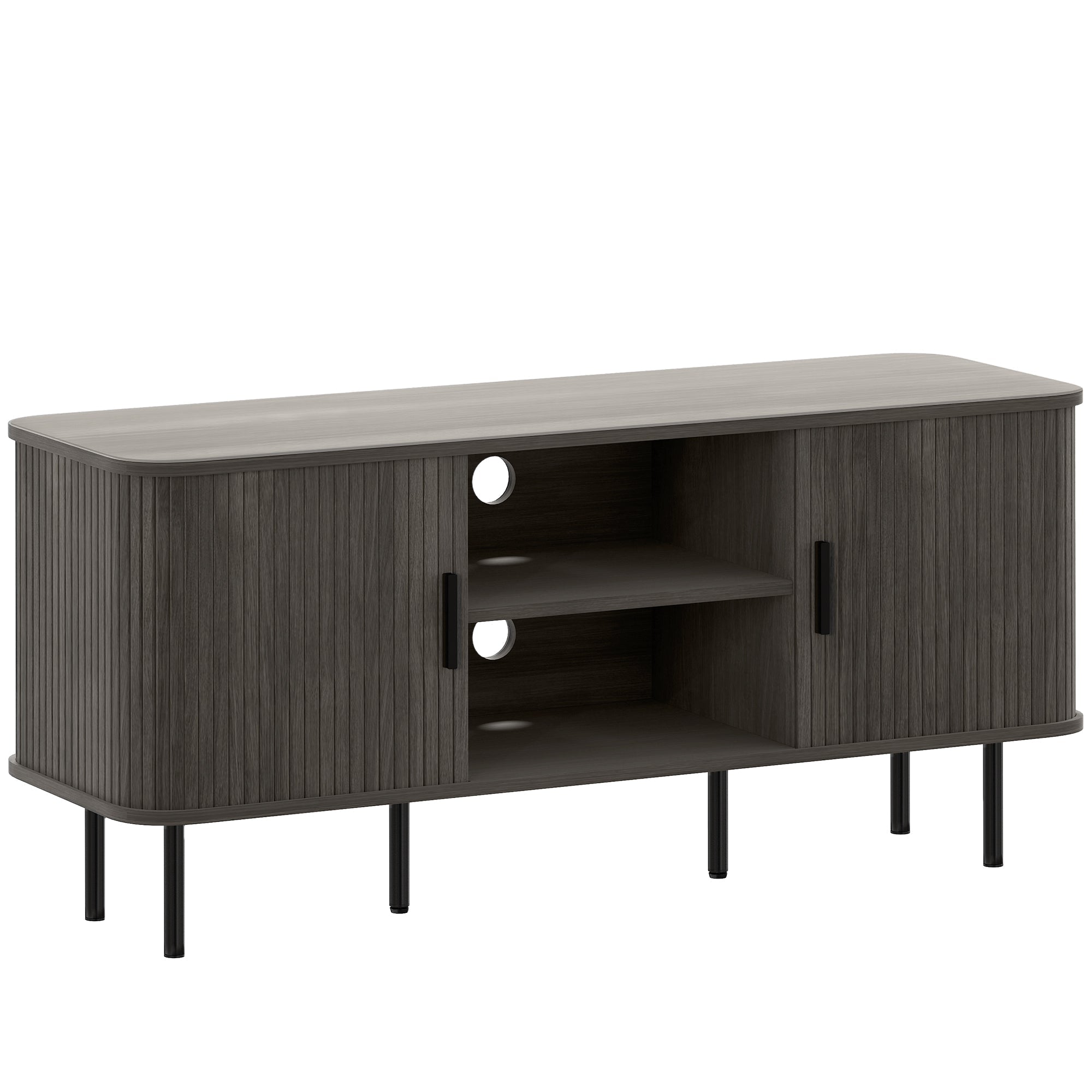 Modern dark gray homcom tv stand with vertical slat doors and black metal legs offers storage space for living room TVs up to 55 inches with high weight capacity