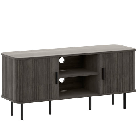 Modern dark gray homcom tv stand with vertical slat doors and black metal legs offers storage space for living room TVs up to 55 inches with high weight capacity