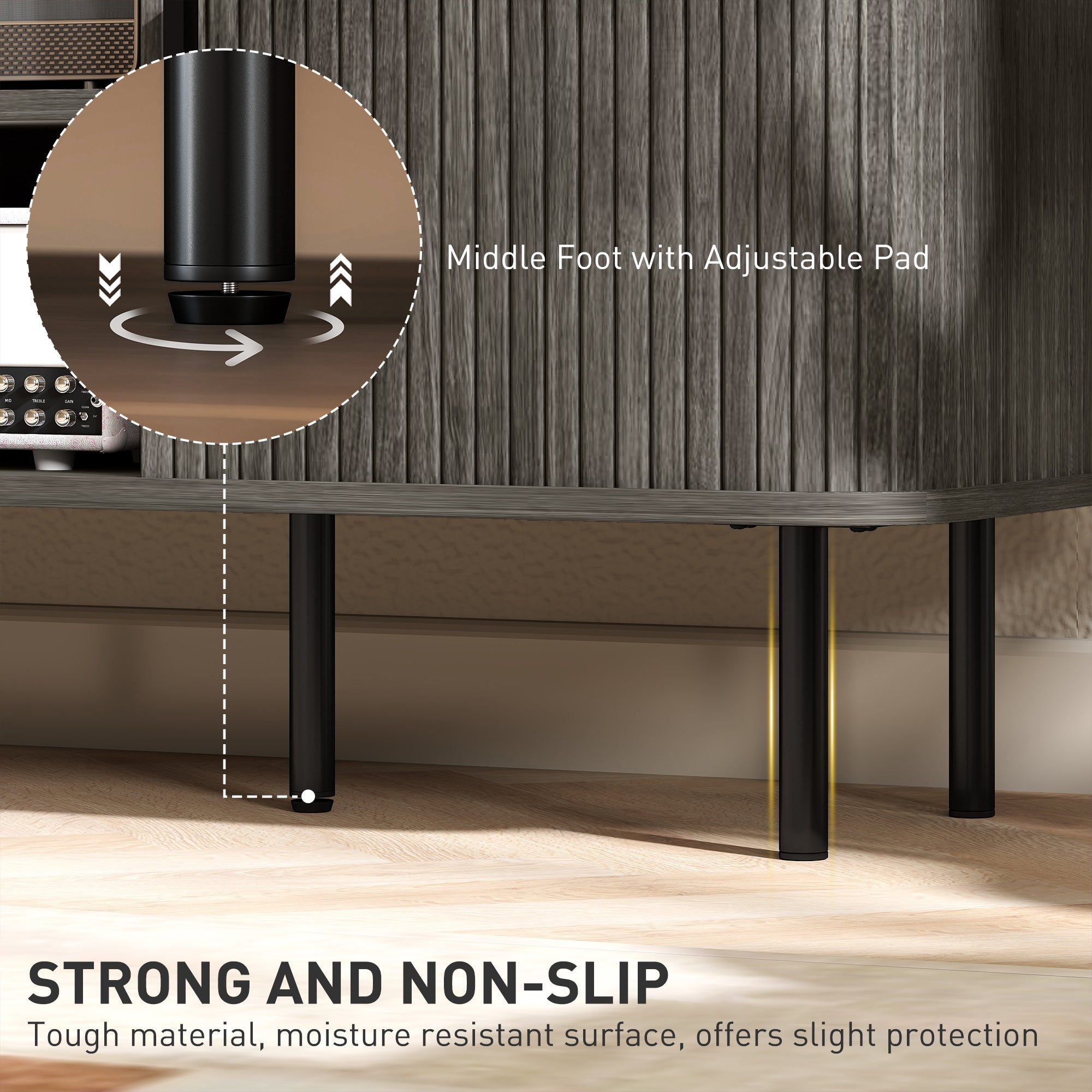 Black middle foot with adjustable pad for sturdy non slip base on homcom grey tv stand cabinet with storage space for living room