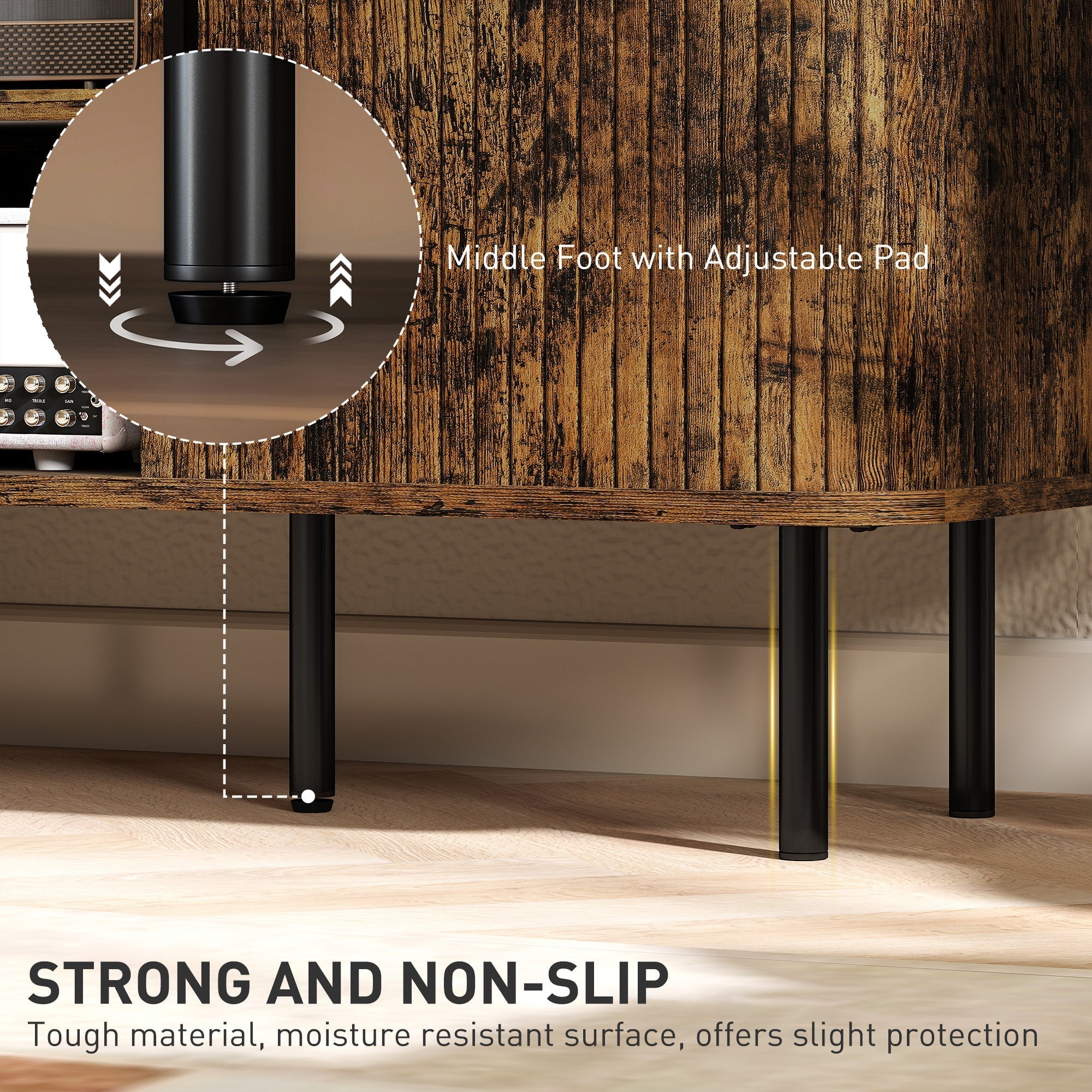 Black cylindrical table leg with adjustable non slip pad on homcom rustic brown tv stand cabinet for living room storage space