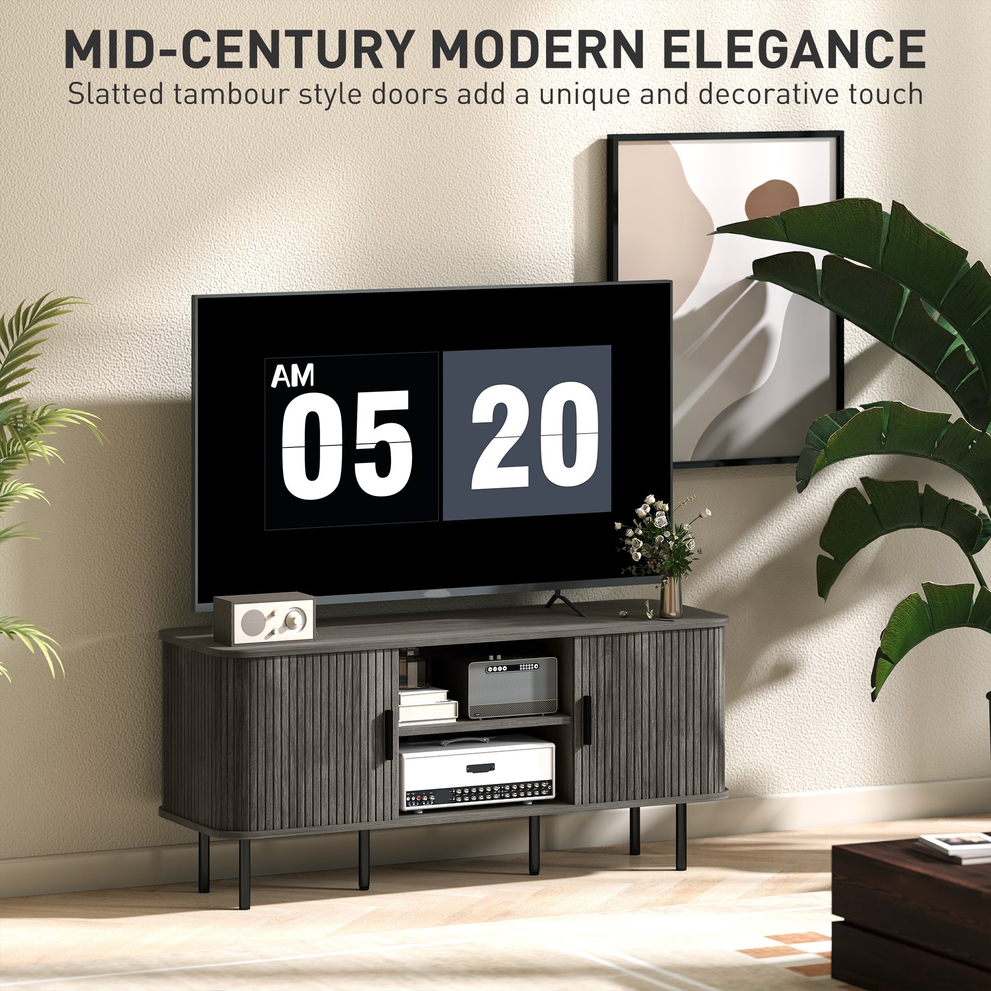Mid-century modern dark gray wood tv stand with slatted tambour doors and black metal legs offers storage space for living room