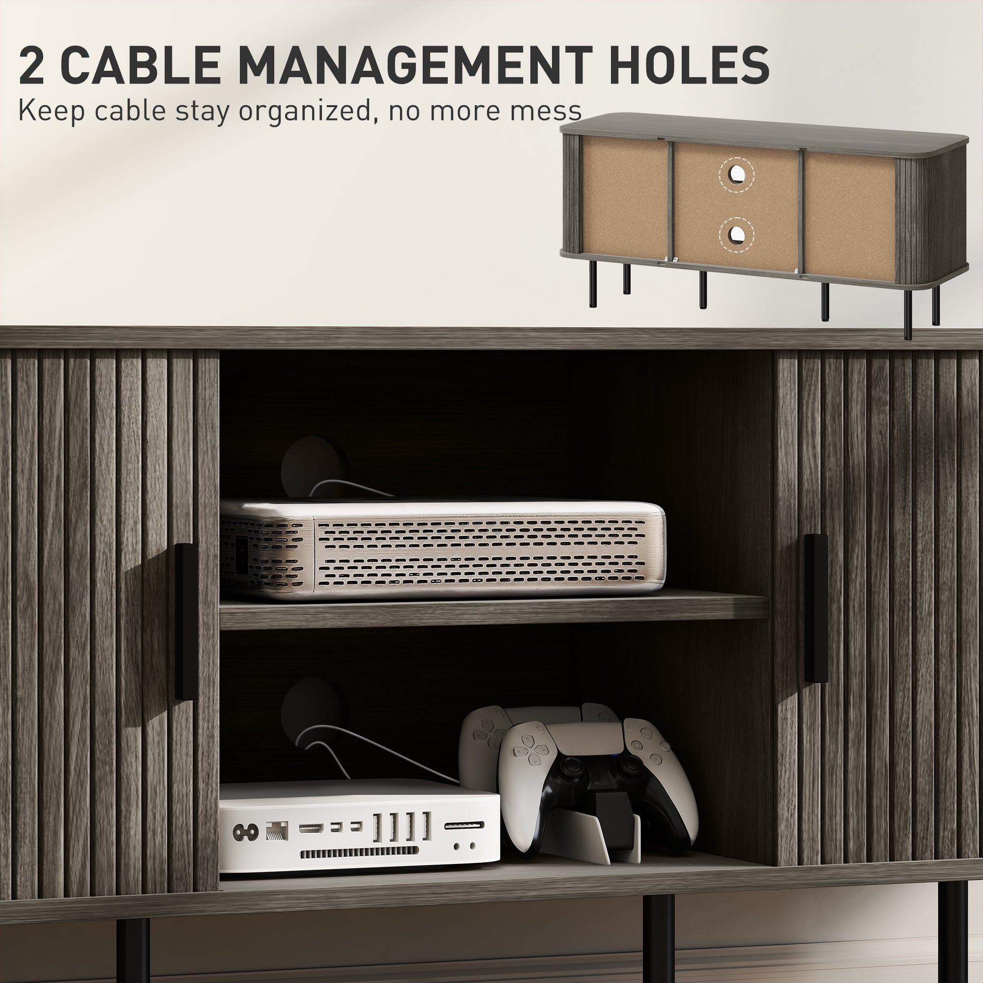 Modern gray wood grain media console with vertical slat doors black metal legs offers storage space for living room TVs up to 55 inches with high weight capacity