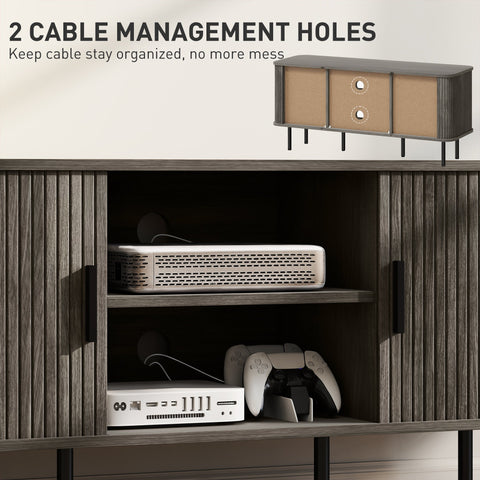 Modern gray wood grain media console with vertical slat doors black metal legs offers storage space for living room TVs up to 55 inches with high weight capacity