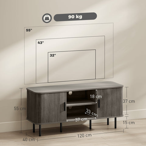 Modern gray slatted tv stand with black metal legs offering storage space and high weight capacity for living room use