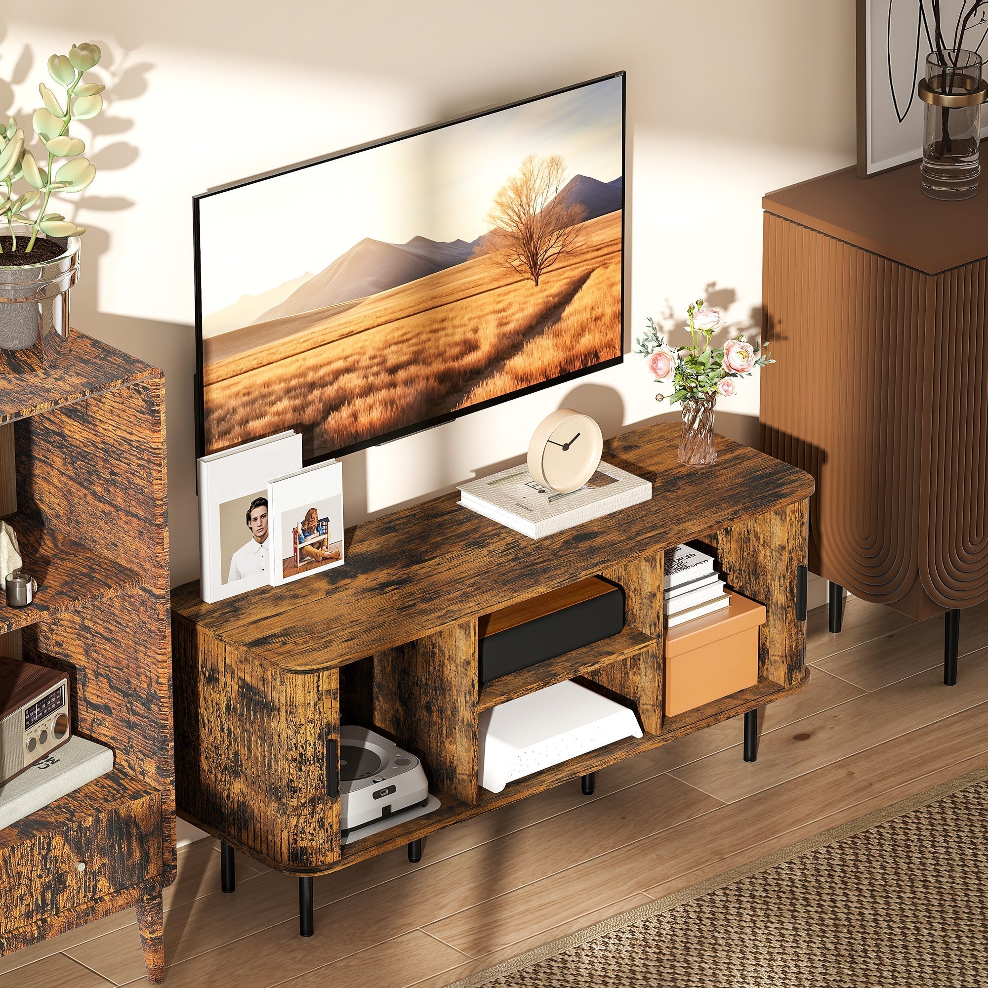 Rustic brown distressed wood homcom tv stand with black metal legs offers storage space and high weight capacity for living room