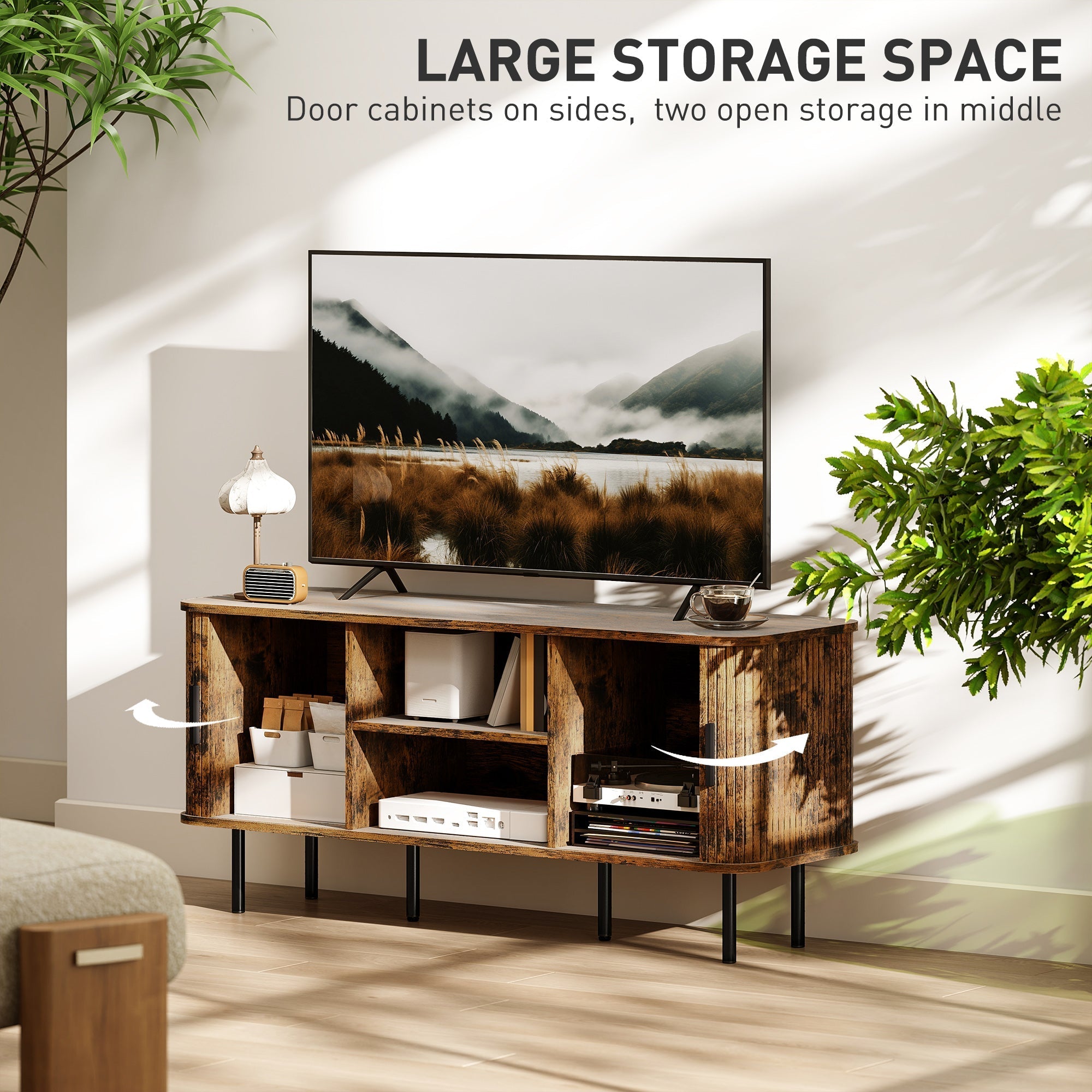 Rustic brown homcom tv stand with distressed wooden finish and black metal legs offers storage space for living room