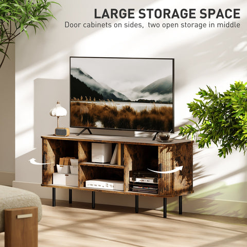 Rustic brown homcom tv stand with distressed wooden finish and black metal legs offers storage space for living room