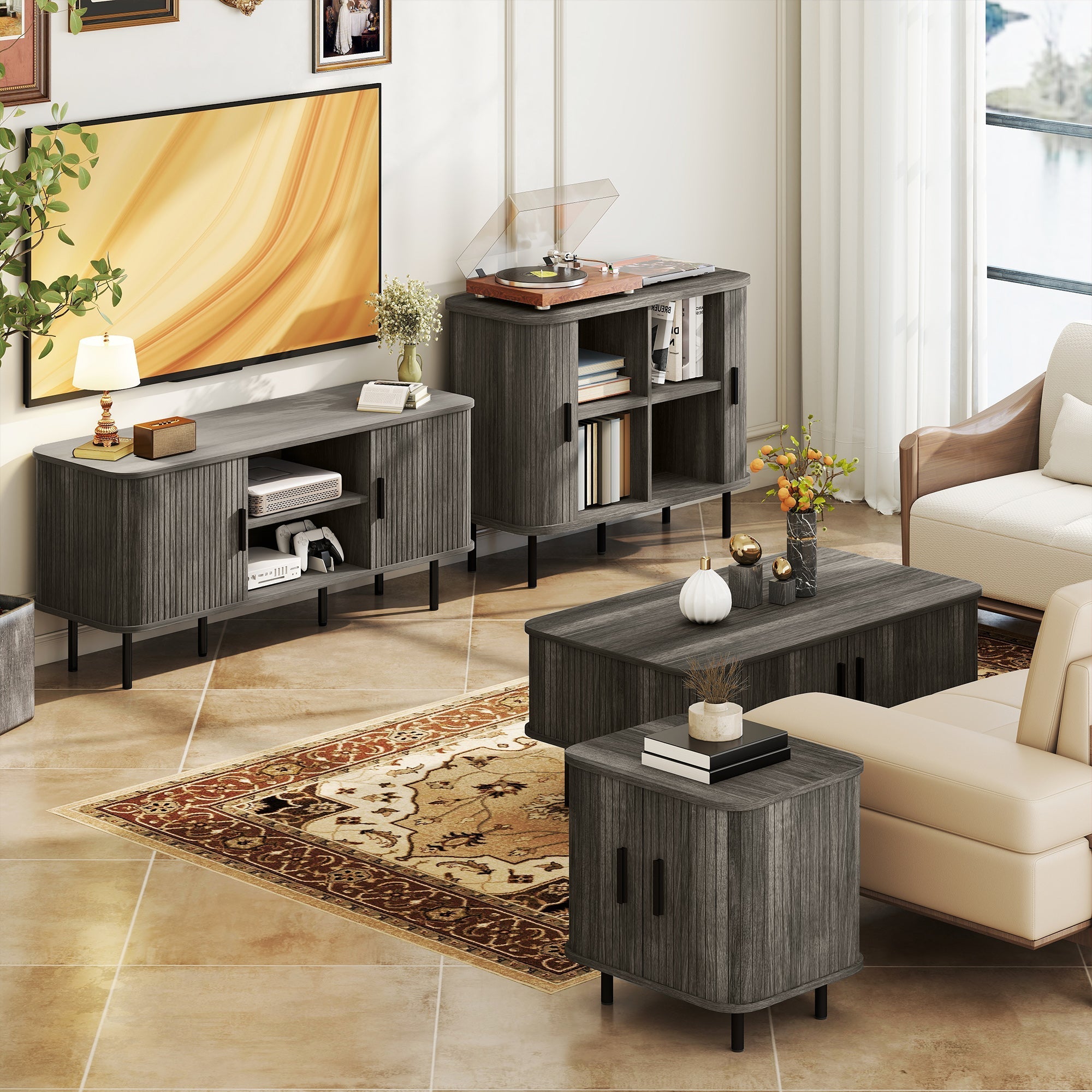 Modern gray wood-grain media console with vertical slat doors and black legs offers storage space and strong weight capacity for living room