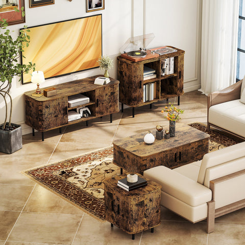 Rustic brown wooden media console with black metal legs and vertical slat design for living room storage space