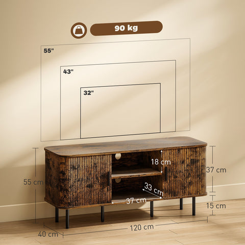 Rustic brown wooden media console with distressed finish and black metal legs offers ample living room storage space