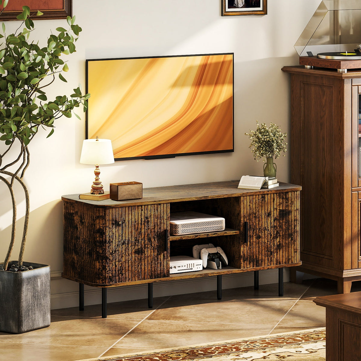 Rustic brown wooden tv console with slatted doors black metal legs offers storage space for living room use