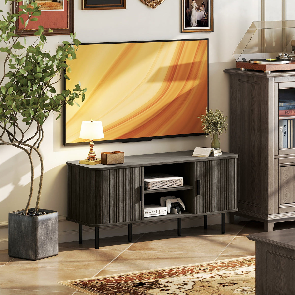 Dark gray wood grain homcom tv stand cabinet with vertical slatted doors and storage space for living room TVs up to 55 inches