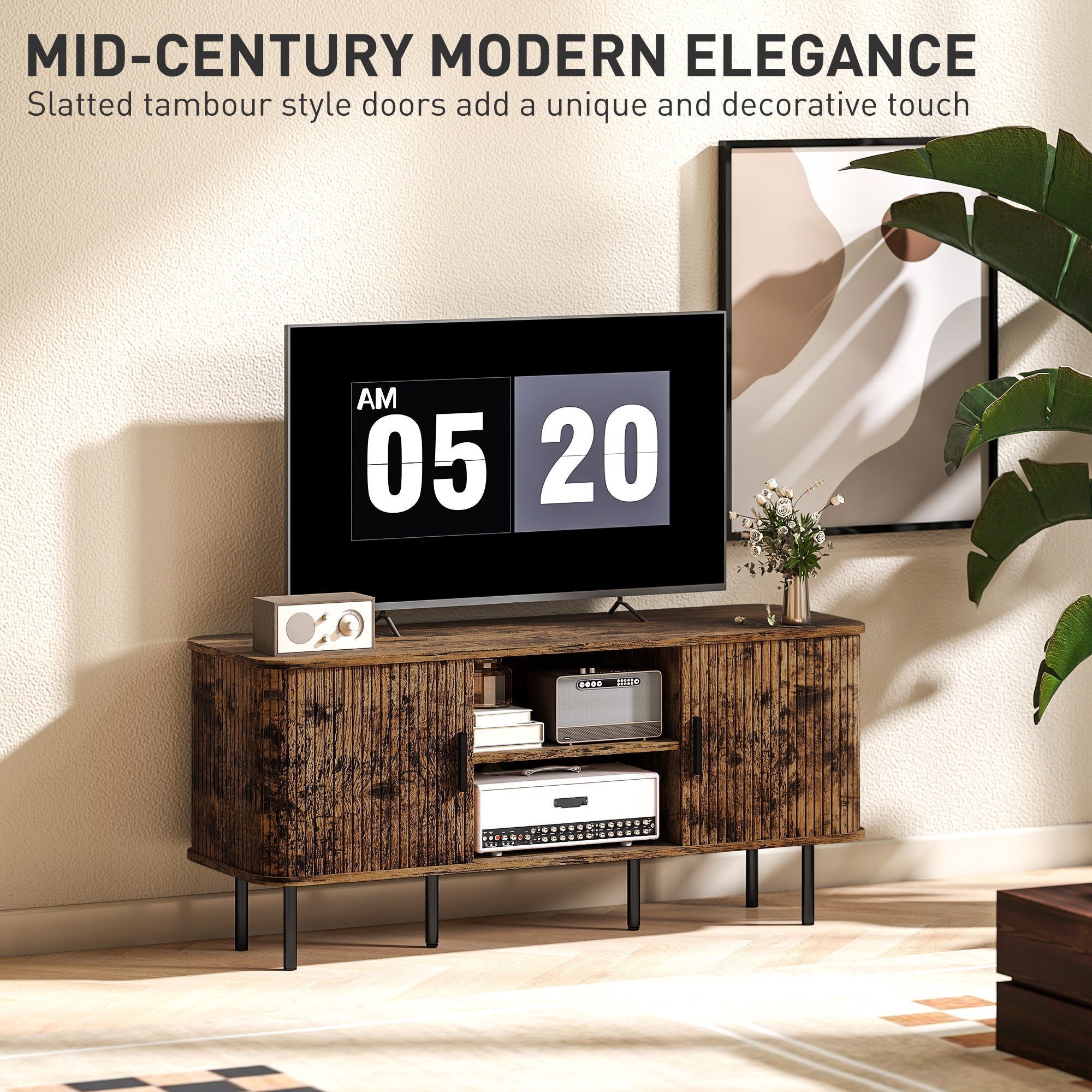 Mid-century modern homcom tv stand with slatted tambour doors, rustic brown wood, black metal legs, ideal for living room storage space