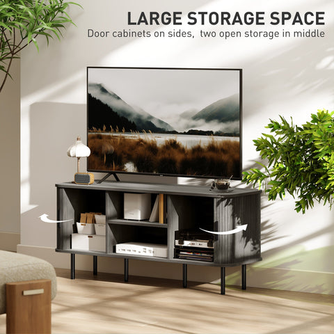 Modern gray media console with vertical slats and open storage for living room with high weight capacity