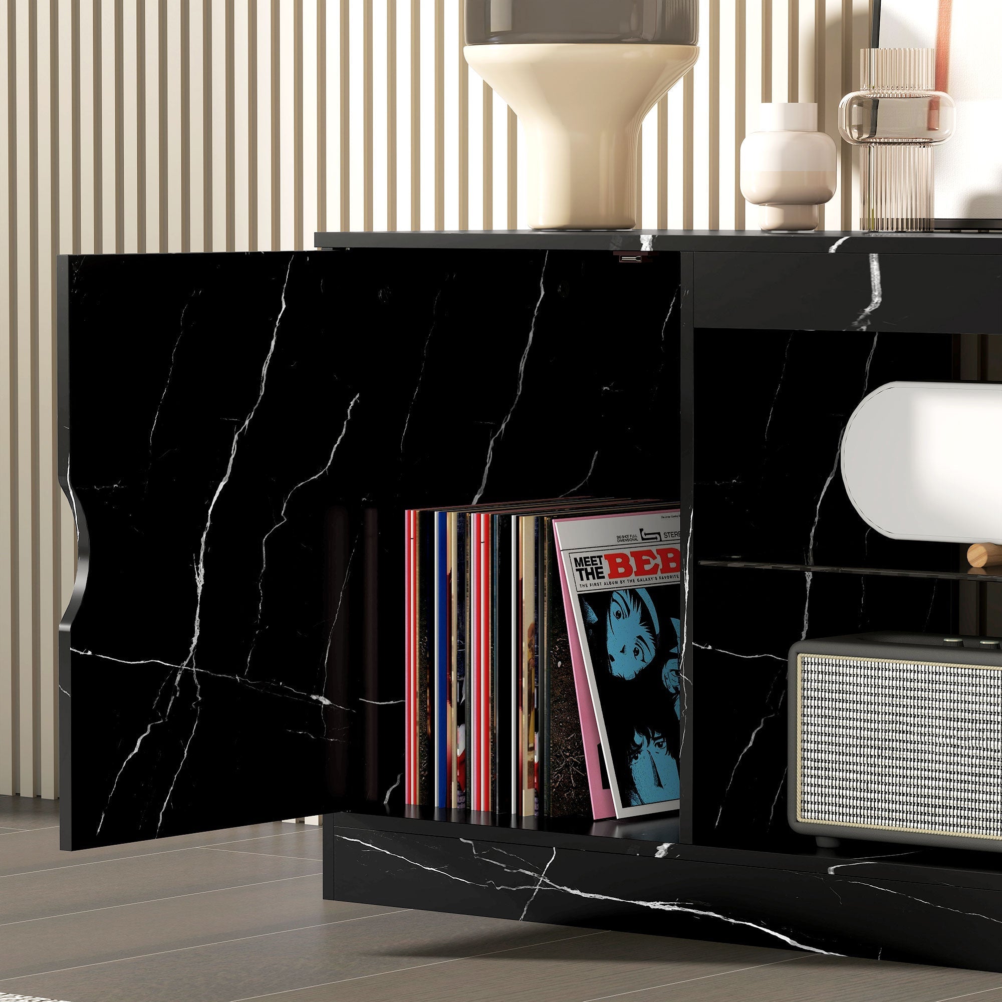 Black marble pattern homcom tv stand media console with glossy particle board finish and open shelving for vinyl records