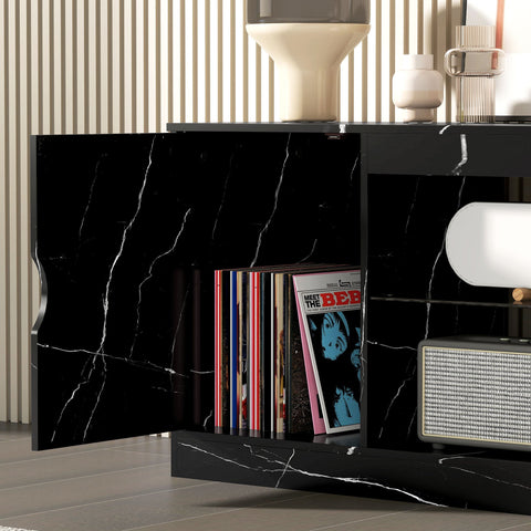 Black marble pattern homcom tv stand media console with glossy particle board finish and open shelving for vinyl records
