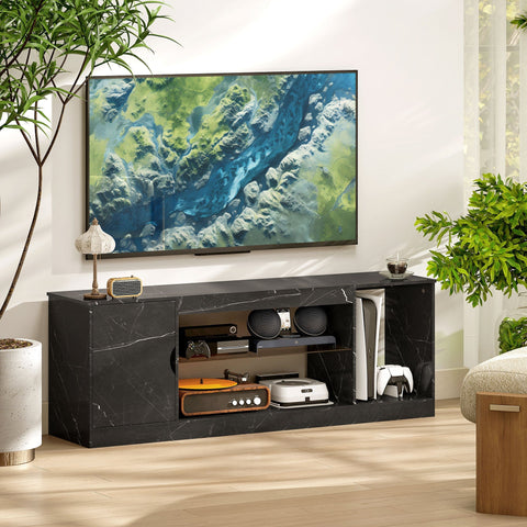 Black marble pattern homcom tv stand cabinet with particle board, glass shelf, and storage for up to 55 inch tvs