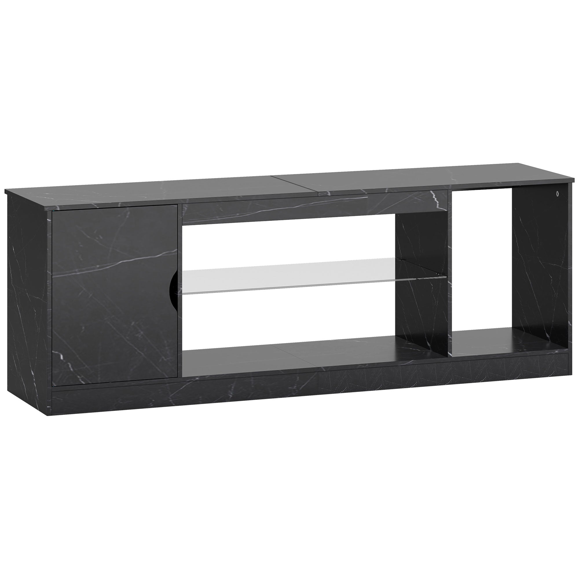 Black marble pattern homcom tv stand with particle board, glass shelf, and open storage for up to 55 inch TVs