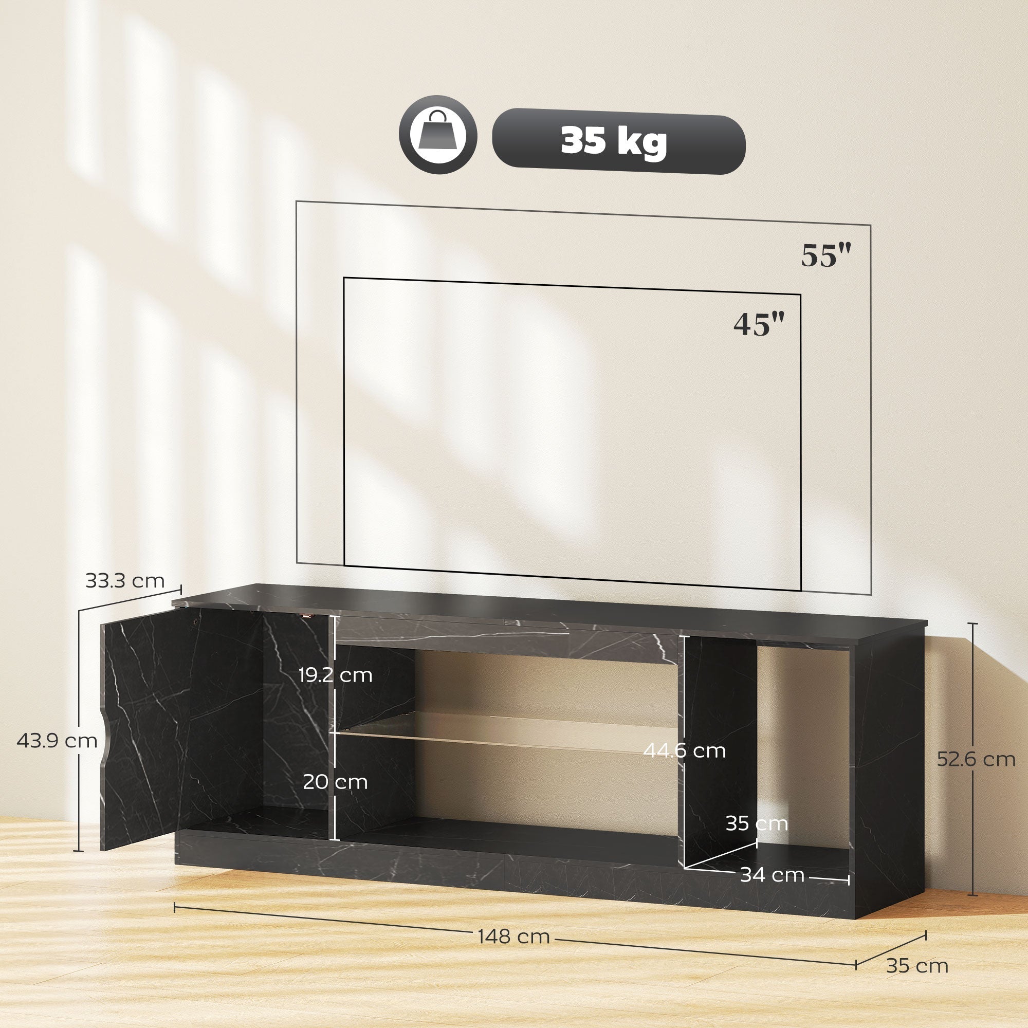 Black marble pattern homcom tv stand with particle board open shelving and single door for living room use