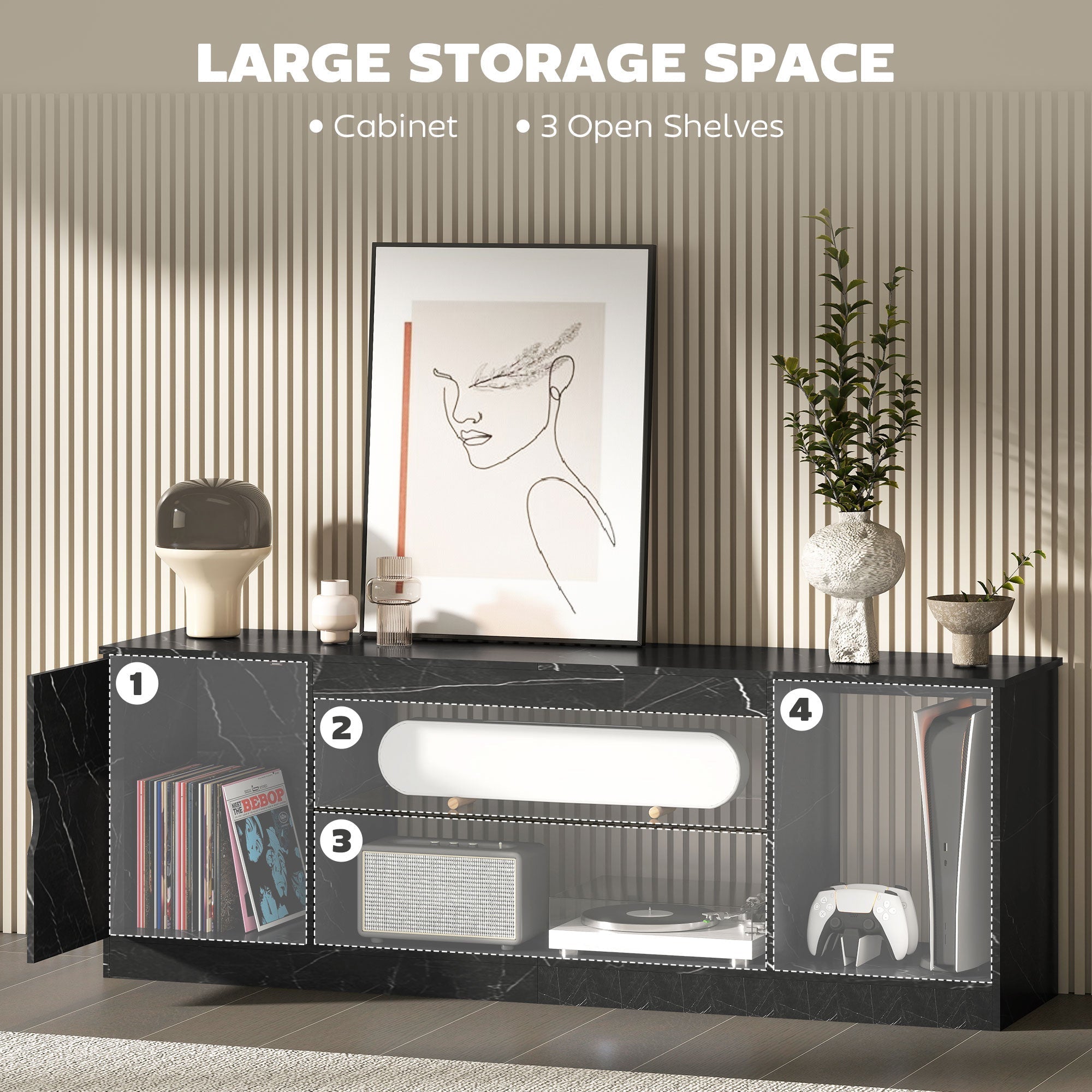 Black marble pattern homcom tv stand cabinet with particle board construction three shelves and glass panel for living room
