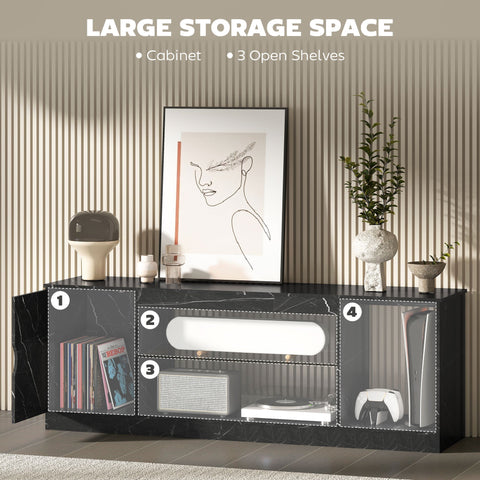 Black marble pattern homcom tv stand cabinet with particle board construction three shelves and glass panel for living room