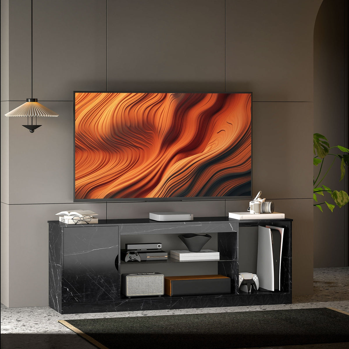 Black marble pattern homcom tv stand with particle board construction open shelving and storage for up to 55 inch tvs