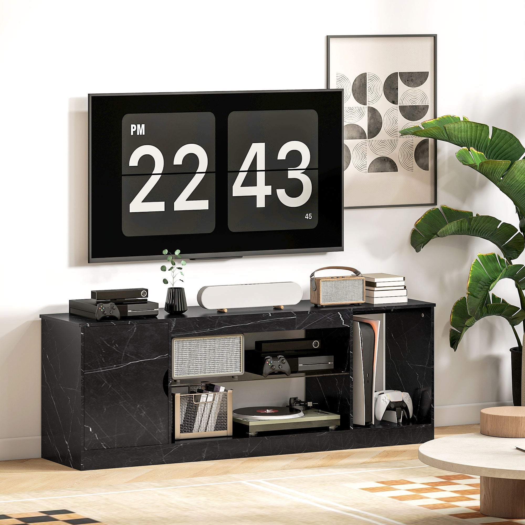 Black marble pattern homcom tv stand made of particle board with glass shelf and storage for up to 55 inch tvs