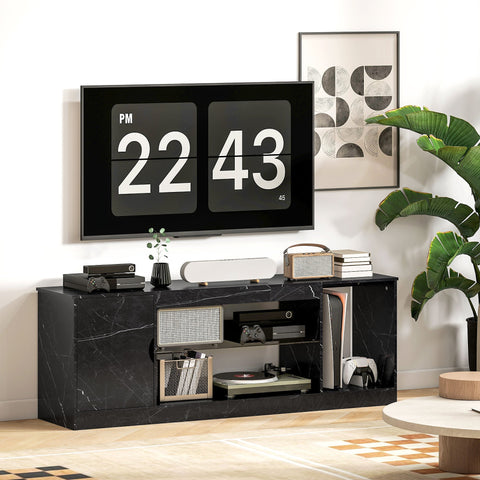 Black marble pattern homcom tv stand made of particle board with glass shelf and storage for up to 55 inch tvs