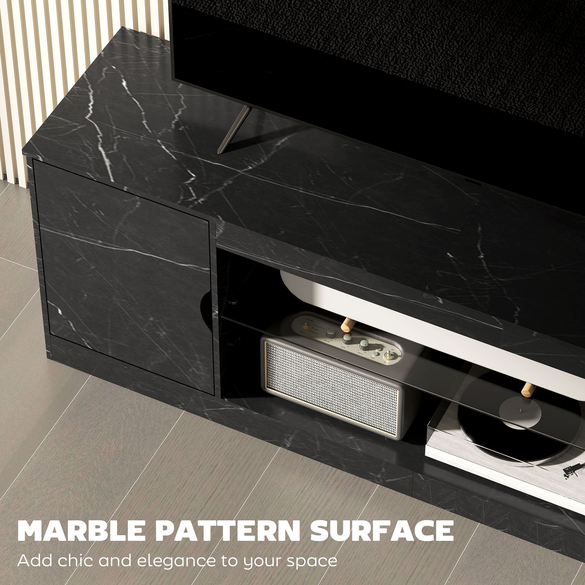 Black marble pattern homcom tv stand with particle board construction glass shelf and storage for up to 55 inch tvs